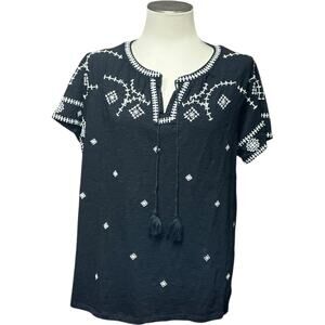 Talbots Short Sleeve Tassel Tie Tunic Top Black White Embroidered 1X